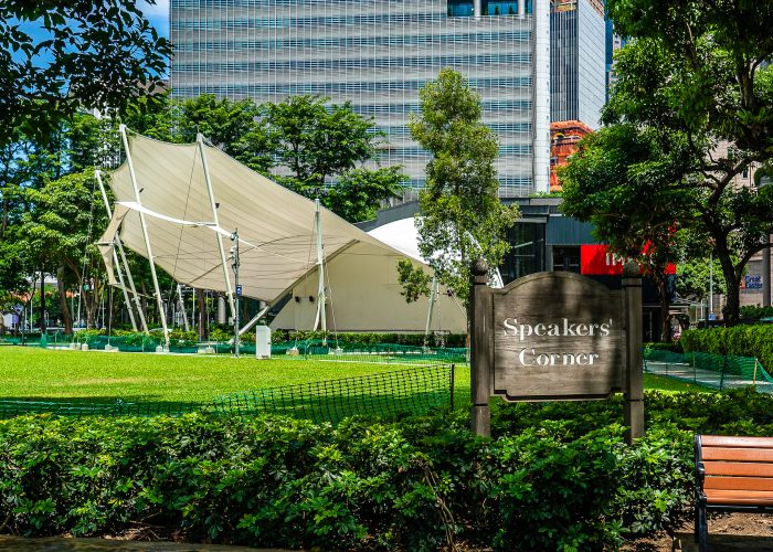 Singapore / Singapore - March 2020: View of Speakers Corner in Singapore with the stage and the Sign